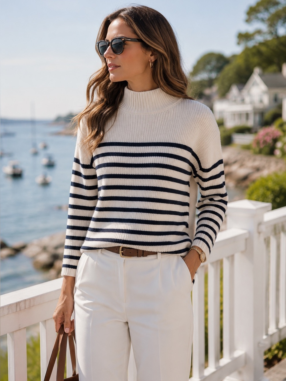 RAILS Cream and Navy Nautical Heavy Knit Claudia Nautical Funnel Neck Sweater XL